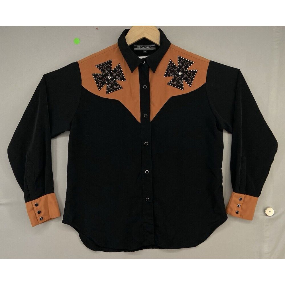 VTG Daniali Western Womens M Black Cross Embellished Pearl Snaps MADE USA - RARE